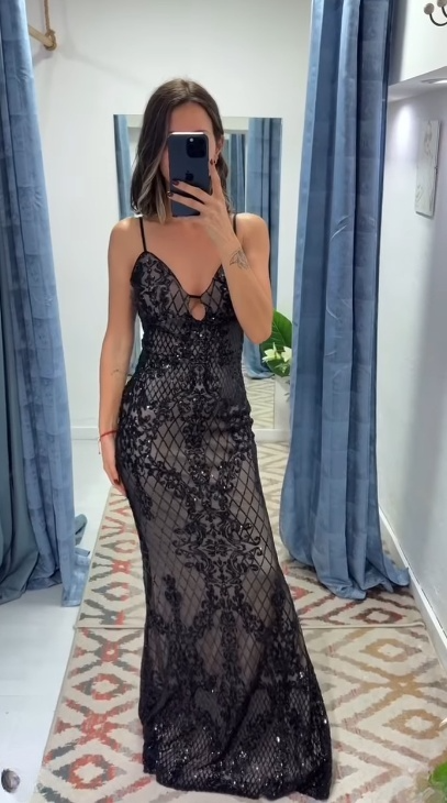 Glam Spaghetti Straps Sheath Long Prom Dresses Lace Black Evening Gowns Sleeveless Black Christmas Dresses ED05697