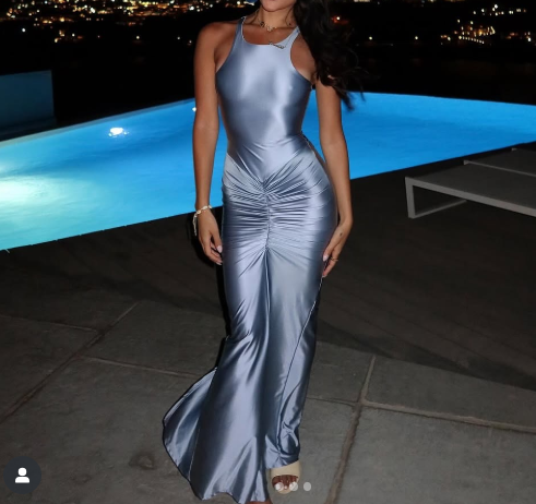 Simple Jewel Sheath Long Prom Dresses Satin Gray Blue Evening Gowns Sleeveless ED05699