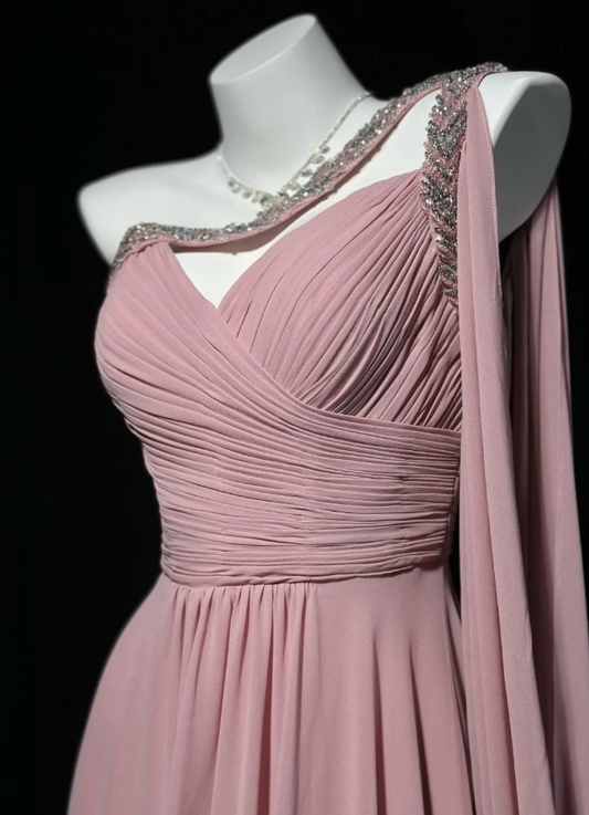Pink Sheath Long Prom Dresses Gorgeous One-shoulder Chiffon Evening Dresses Sleeveless Party Dresses ED05704
