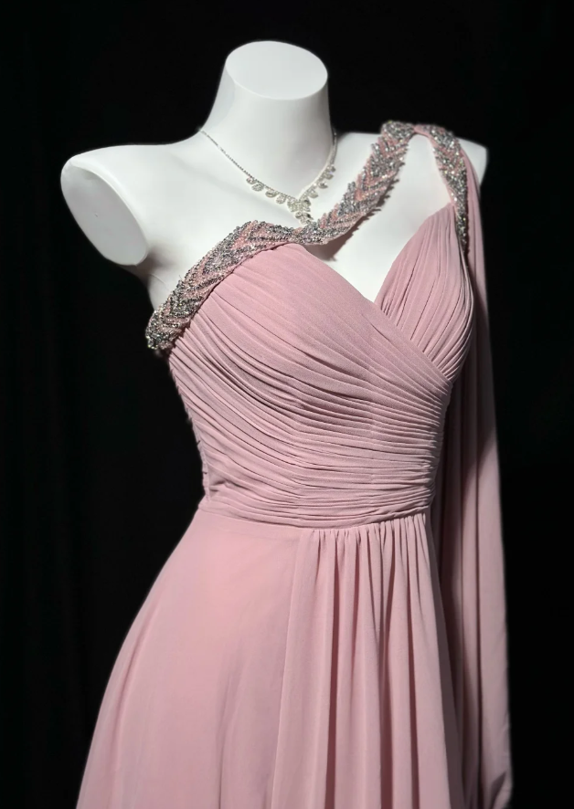 Pink Sheath Long Prom Dresses Gorgeous One-shoulder Chiffon Evening Dresses Sleeveless Party Dresses ED05704