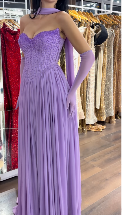 Purple A-Line Long Prom Dresses Gorgeous Sweetheart Chiffon Beaded Evening Dresses Sleeveless Formal Dresses ED05707