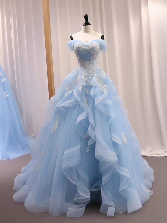 Fairytale  Blue A-Line Long Prom Dress forBirthday&Quinceanera Sweet Tulle Lace off Shoulder Evening Dresses