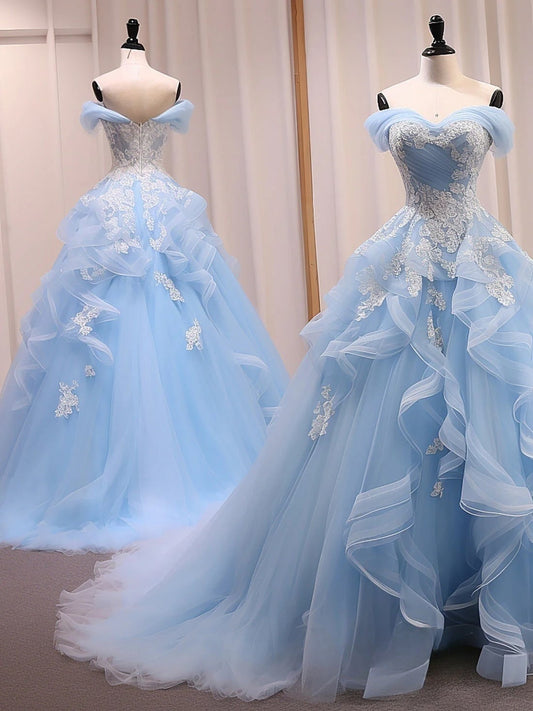 Fairytale  Blue A-Line Long Prom Dress forBirthday&Quinceanera Sweet Tulle Lace off Shoulder Evening Dresses