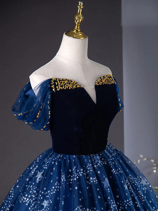 A-Line Off Shoulder Tulle Blue Long Prom Dress, Blue Long Formal Dress with Beads ED0572