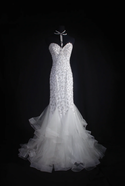 Elegant White Mermaid Long Prom Dresses Sweetheart Evening Dresses Tulle Sleeveless Formal Dresses ED05721