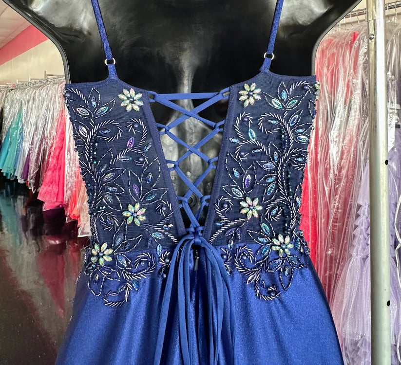 Elegant Navy Blue Sheath Long Prom Dresses Spaghetti Straps Evening Dresses Beaded Satin Sleeveless Formal Dresses ED05722