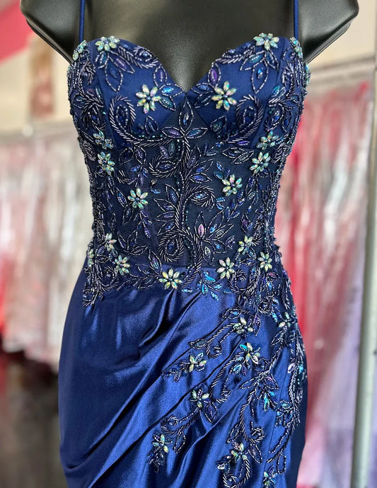 Elegant Navy Blue Sheath Long Prom Dresses Spaghetti Straps Evening Dresses Beaded Satin Sleeveless Formal Dresses ED05722