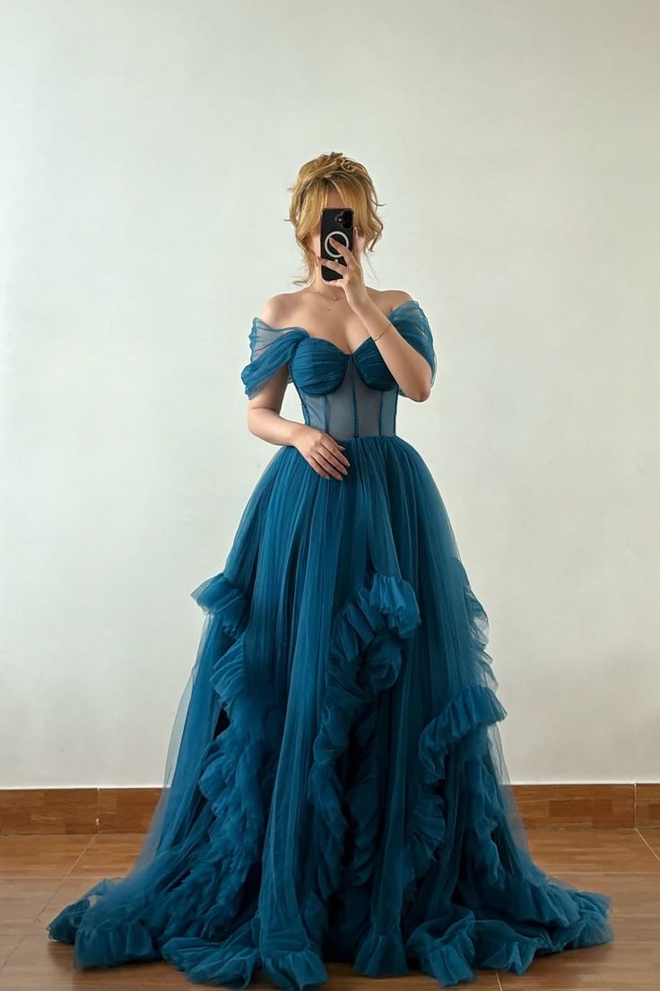 Chic Teal A-Line Long Prom Dresses Off-shoulder Evening Dresses Tulle Sleeveless Formal Dresses ED05726