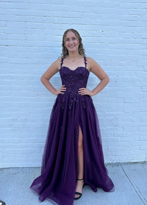 Gorgeous Dark Purple A-Line Long Prom Dresses with Slit Tulle Appliques Spaghetti Straps Evening Dresses Sleeveless Formal Dresses ED05728