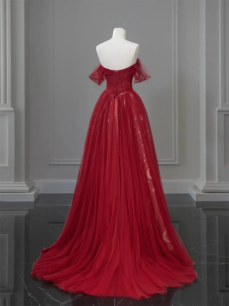 A-Line Off Shoulder Tulle Lace Burgundy Long Prom Dress ED0573