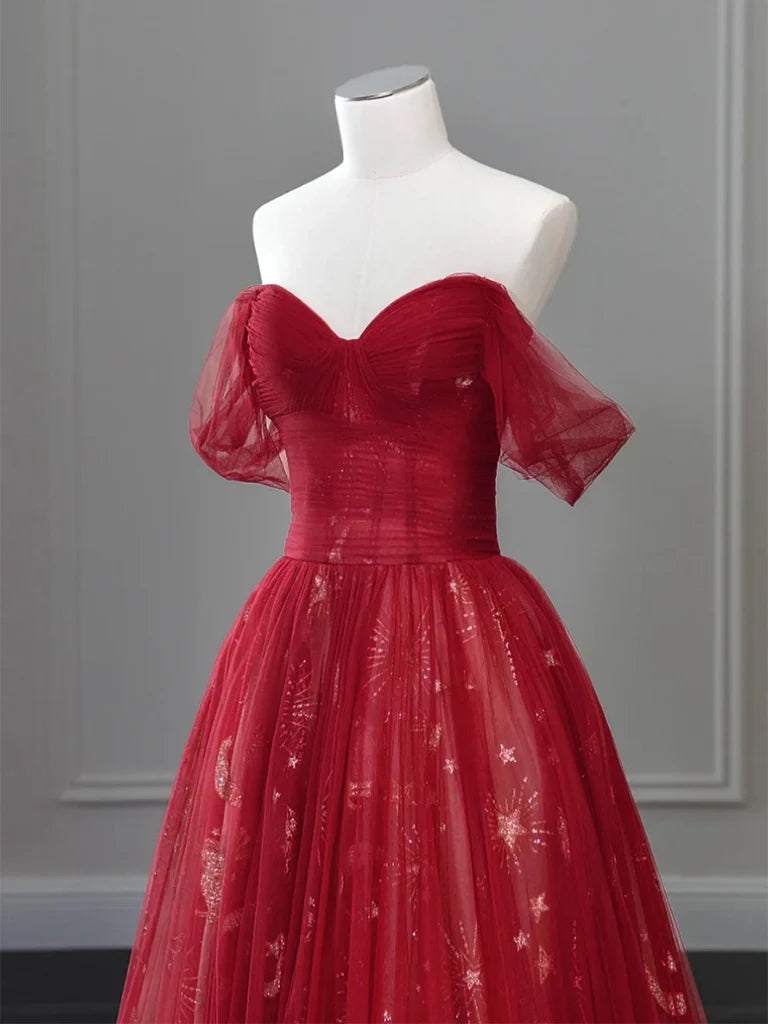 A-Line Off Shoulder Tulle Lace Burgundy Long Prom Dress ED0573