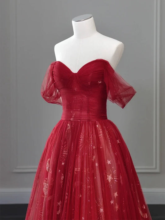 A-Line Off Shoulder Tulle Lace Burgundy Long Prom Dress ED0573