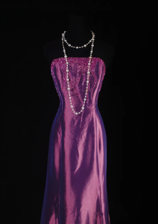 Vintage Purple Sheath Long Prom Dresses Satin Beaded Strapless Evening Dresses Sleeveless Formal Dresses ED05731