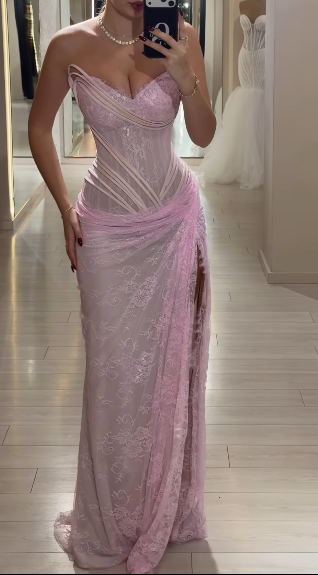 Glam Pink Sheath Long Prom Dresses Lace Sweetheart Evening Dresses with Slits Sleeveless Formal Dresses ED05733