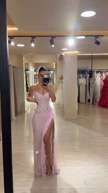 Glam Pink Sheath Long Prom Dresses Lace Sweetheart Evening Dresses with Slits Sleeveless Formal Dresses ED05733