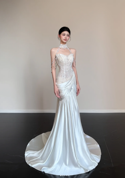 Elegant Mermaid White Long Wedding Dresses Satin Strapless Bridal Dresses Sleeveless Bridal Gowns ED05744