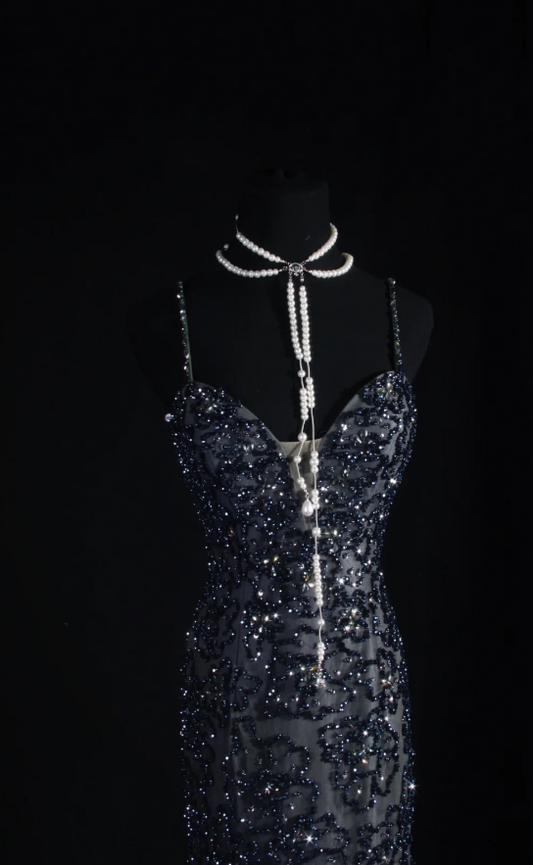 Robes d'anniversaire élégantes bleu dégradé, col en V, paillettes, mousseline, fourreau, robes de bal, robes de soirée ED04456