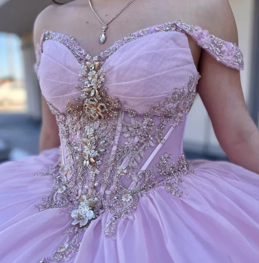 Cute Ball Gown Pink Long Prom Dresses Tulle Off-shoulder Quinceanera Dresses Appliques Short Sleeves Sweet 16 Dress ED05764