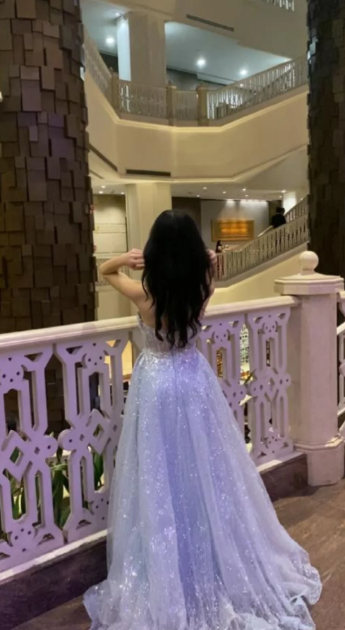 Robes d'anniversaire élégantes bleu dégradé, col en V, paillettes, mousseline, fourreau, robes de bal, robes de soirée ED04456