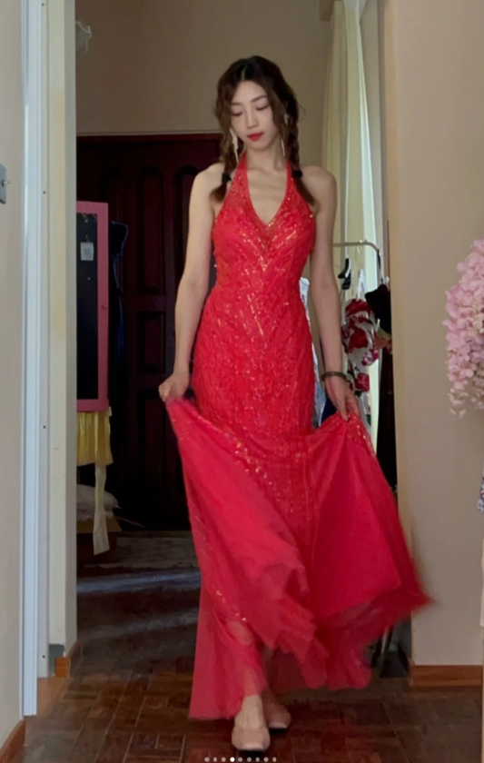 Chic Mermaid Long Prom Dresses Sequins Tulle Red Evening Gowns Halter Sleeveless Birthday Dresses ED05772