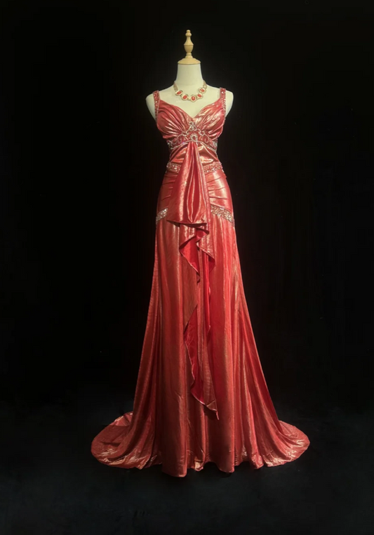 Chic Sheath Long Prom Dresses Satin Red Evening Gowns V-neck Sleeveless Birthday Dresses ED05775