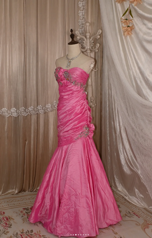 Chic Pink Mermaid Long Prom Dresses Satin Sweetheart Evening Gowns Sleeveless Birthday Dresses ED05779