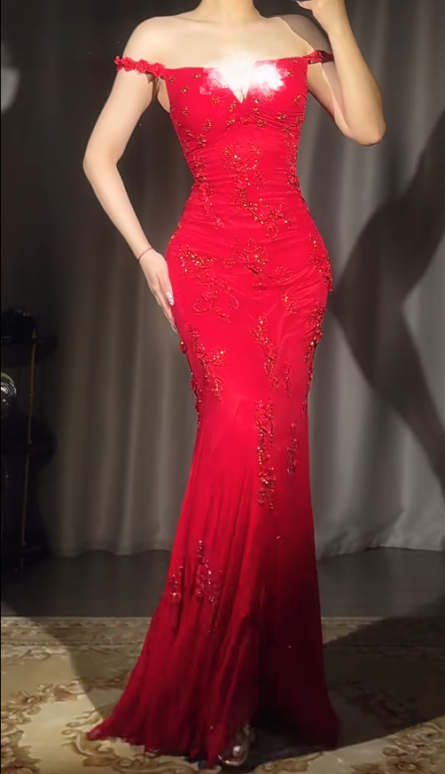 Gorgeous Red Mermaid Long Prom Dresses Beaded Chiffon Straps Evening Gowns Sleeveless Formal Dresses ED05785