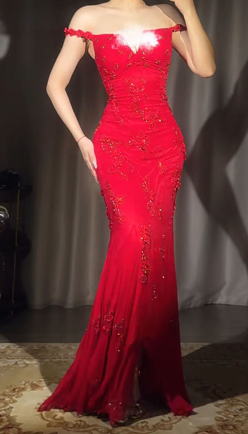 Gorgeous Red Mermaid Long Prom Dresses Beaded Chiffon Straps Evening Gowns Sleeveless Formal Dresses ED05785