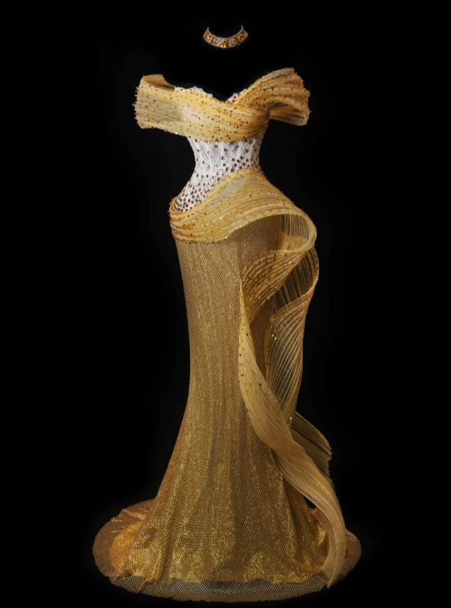 Chic Yellow Sheath Long Prom Dresses Beaded Tulle Off-shoulder Evening Dresses Sleeveless Birthday Dresses ED05787