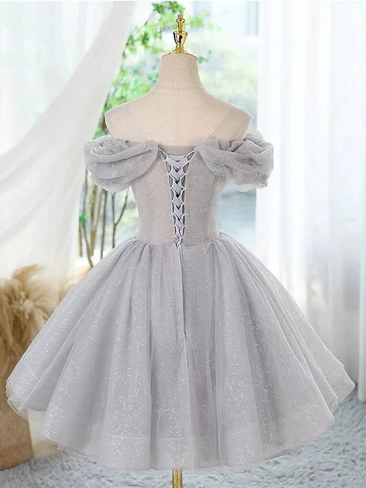 A-Line Off Shoulder Tulle Lace Sequin Gray Short Prom Dress with Beads ED0579