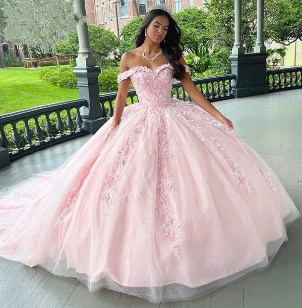 Cute Pink Ball Gown Long Prom Dresses Tulle Appliques Off-shoulder Evening Dresses Sleeveless Sweetheart 16 Dresses ED05795