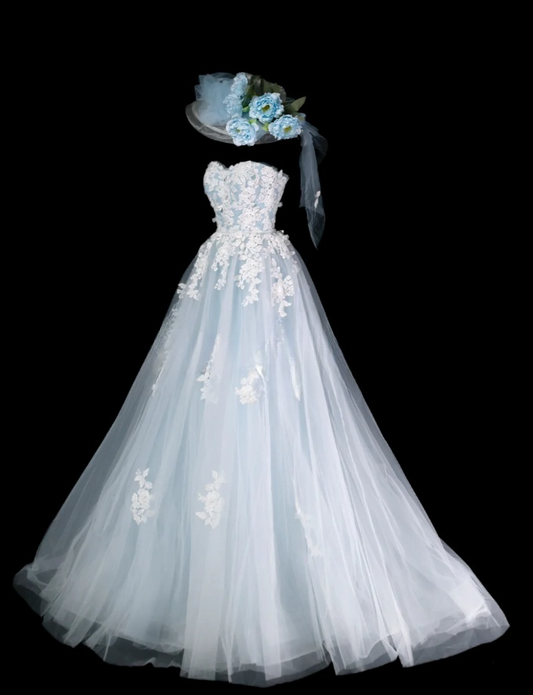 Chic Pale Blue A-Line Long Prom Dresses Appliques Tulle Strapless Evening Dresses Sleeveless Birthday Dresses ED05800