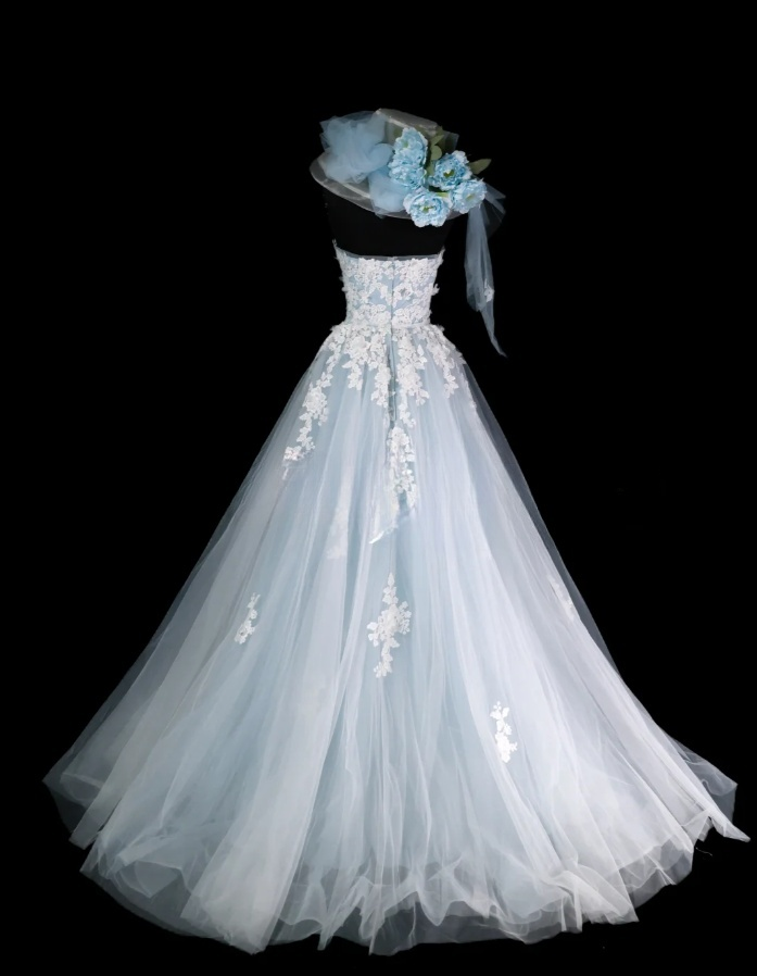 Chic Pale Blue A-Line Long Prom Dresses Appliques Tulle Strapless Evening Dresses Sleeveless Birthday Dresses ED05800