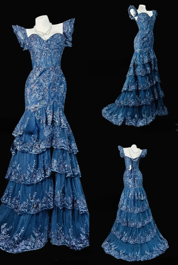 Gorgeous Blue Mermaid Long Prom Dresses Appliques Tulle Sweetheart Evening Gowns Sleeveless Formal Dresses ED05808