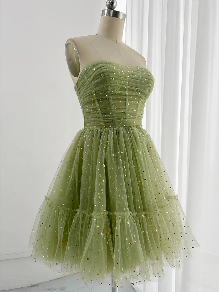 Robe de bal courte verte en tulle coupe trapèze, jolie robe de soirée verte ED0581
