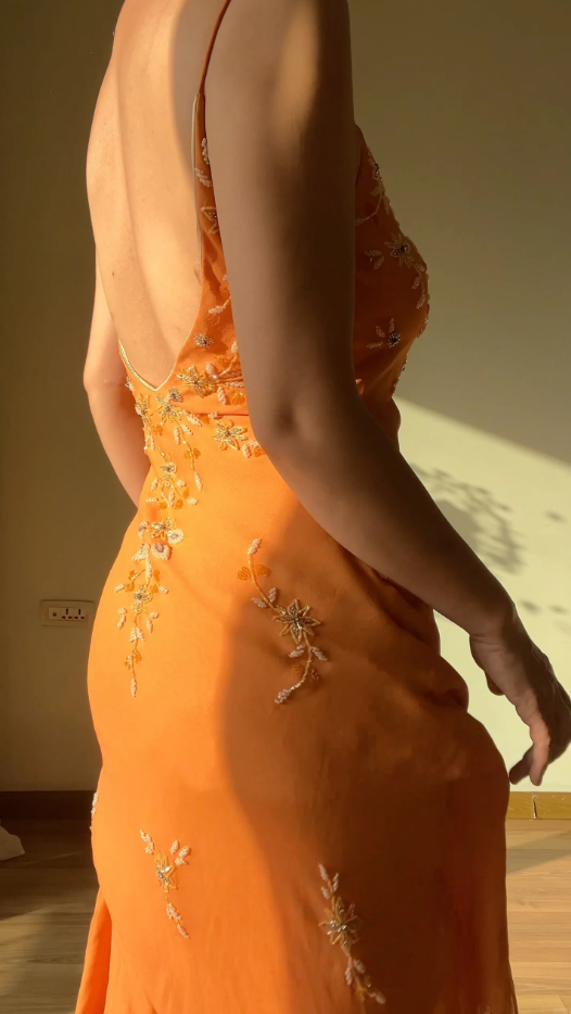 Elegant Orange Sheath Long Prom Dresses Beaded Chiffon Spaghetti Straps Evening Gowns Sleeveless Formal Dresses ED05810