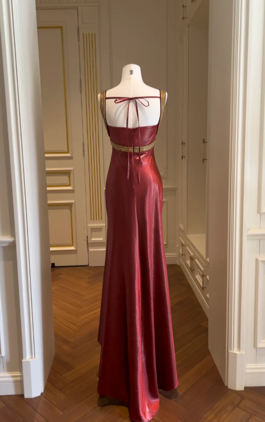 Elegant Burgundy Sheath Long Prom Dresses Satin V-Neck Evening Gowns Sleeveless Formal Dresses ED05813