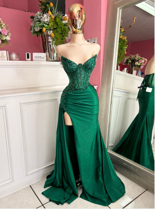 Elegant Green Sheath Long Prom Dresses Appliques Satin Sweetheart Evening Gowns with Slits Sleeveless Formal Dresses ED05815