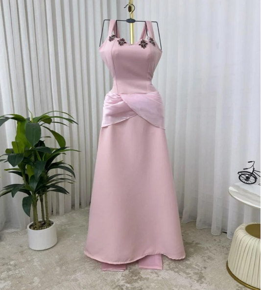 Elegant Pink Sheath Long Prom Dresses Beaded Satin Straps Evening Gowns Sleeveless Christmas Dresses ED05820