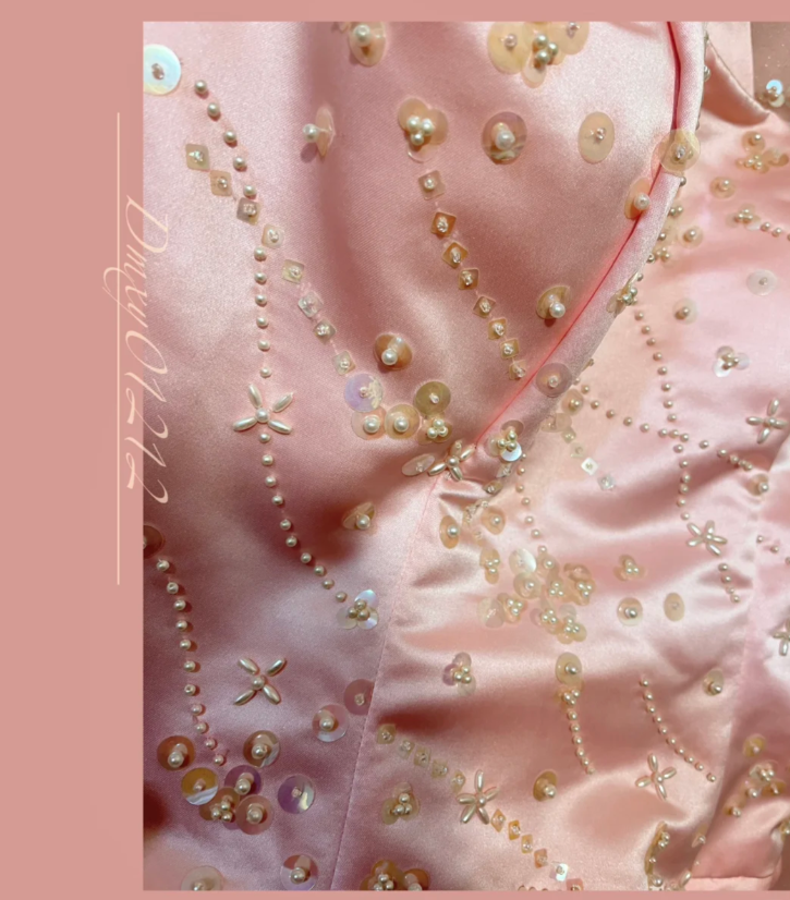 Elegant Pink A-Line Long Prom Dresses Beaded Satin Tulle Strapless Evening Gowns Sleeveless Formal Dresses ED05822