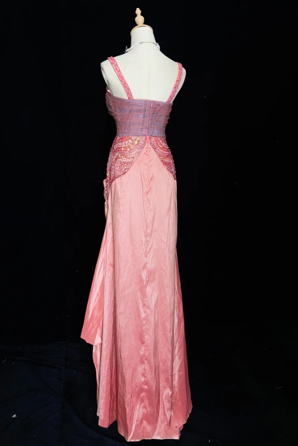 Retro Pink Sheath Long Prom Dresses Satin Straps Evening Gowns Sleeveless Formal Dresses ED05825