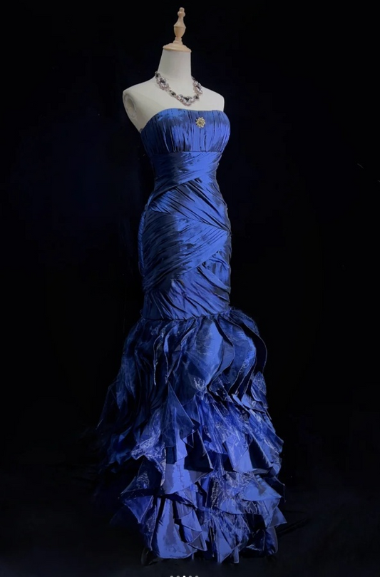 Retro Blue Sheath Long Prom Dresses Satin Strapless Evening Gowns Sleeveless Formal Dresses ED05826