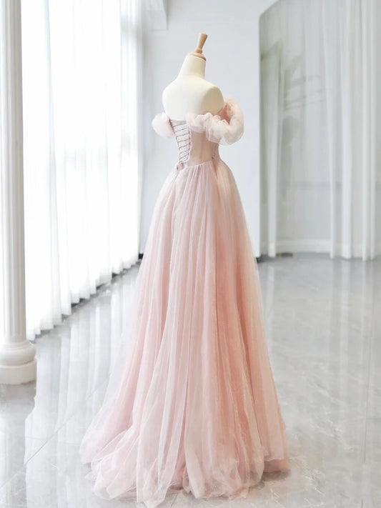 A-Line Off Shoulder Tulle Beads Pink Long Prom Dress, Pink Tulle Long Formal Dress ED0583
