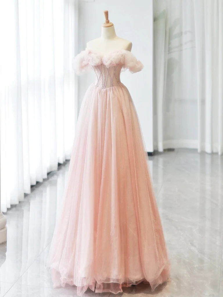 A-Line Off Shoulder Tulle Beads Pink Long Prom Dress, Pink Tulle Long Formal Dress ED0583