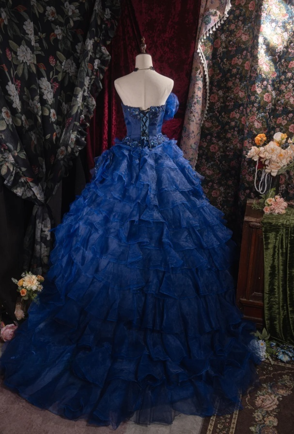 Cute Blue Ball Gown Tulle Long Prom Dresses Appliques Strapless Quinceanera Dresses Sleeveless Sweet 16 Dresses ED05830