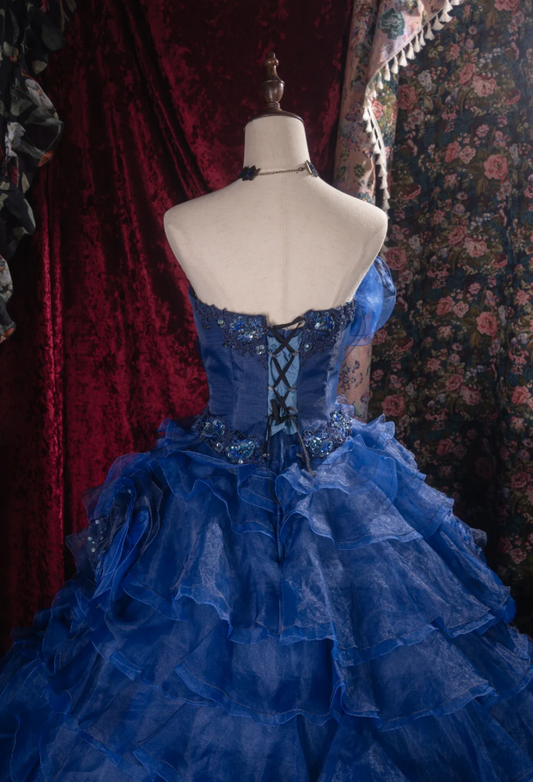 Cute Blue Ball Gown Tulle Long Prom Dresses Appliques Strapless Quinceanera Dresses Sleeveless Sweet 16 Dresses ED05830