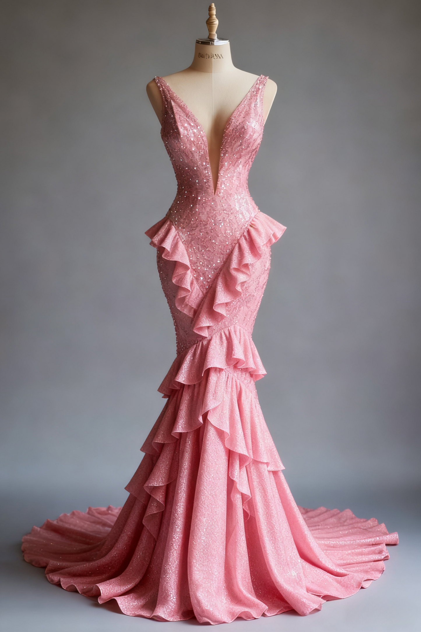 Fairy Pink Mermaid Long Prom Dresses Sequins V-neck Evening Dresses Sleeveless Formal Dresses ED05836