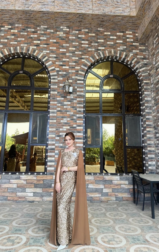 Chic Champagne Mermaid Long Prom Dresses Sequins Asymmetrical Necklines Wedding Guest Dresses ED05849