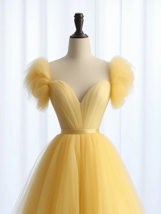 A-Line Sweetheart Neck Tulle Yellow Long Prom Dress, Yellow Long Formal Dress ED0585