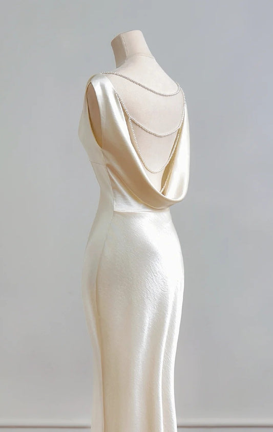 Chic Champagne Mermaid Long Prom Dresses Satin V-Neck Wedding Guest Dresses ED05850